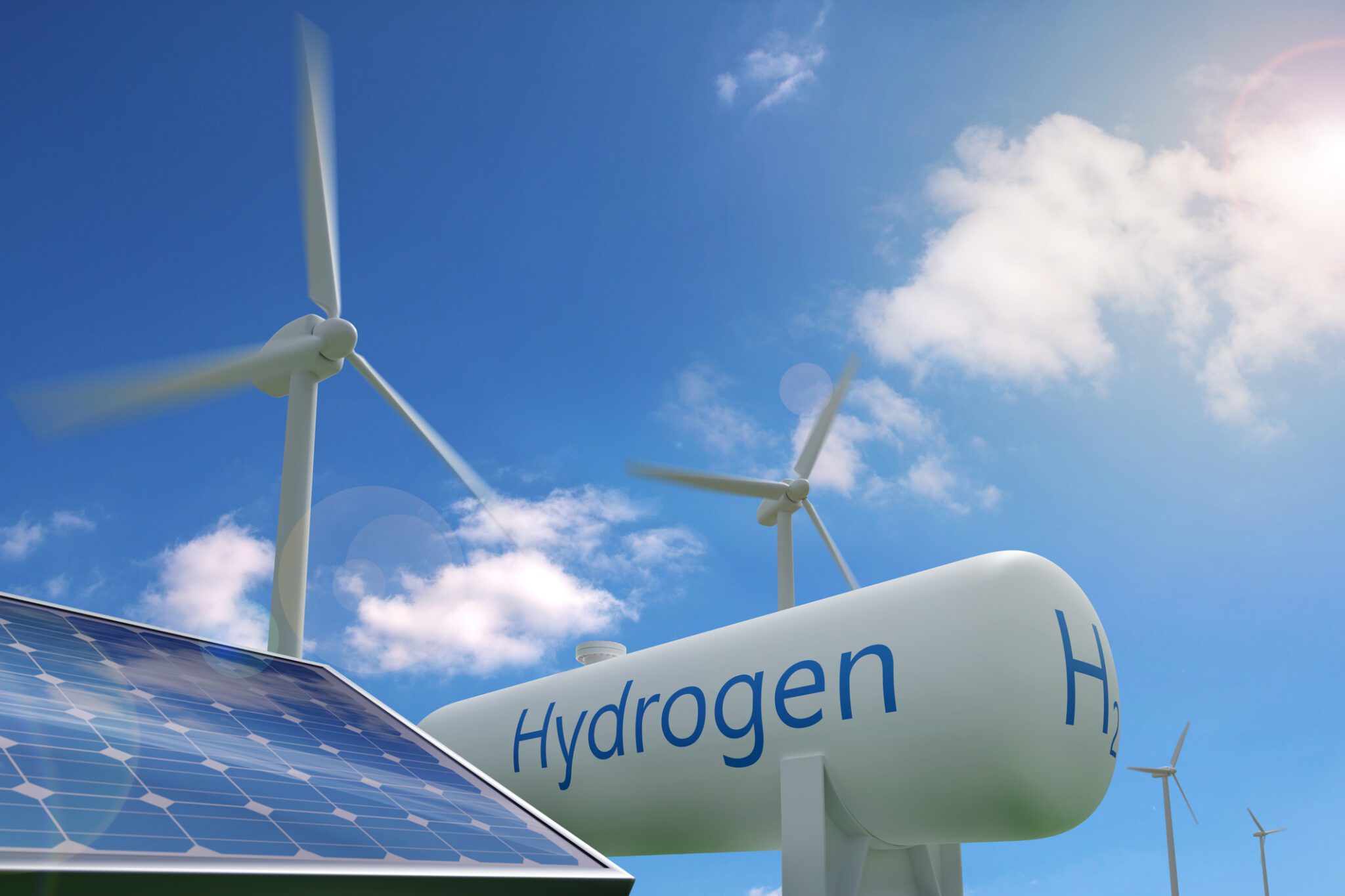 液态电池板和风机蓝天空背景可持续生态能源概念三维插图